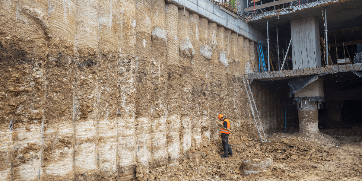 A construction worker inspects a secant pile wall